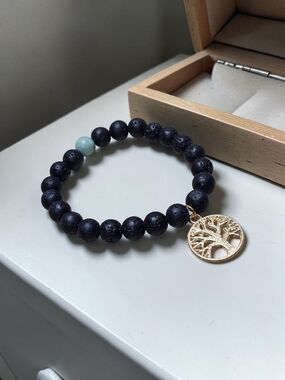 Gold Tree of Life Black Bead Bracelet with Green Accent - Women Jewelry